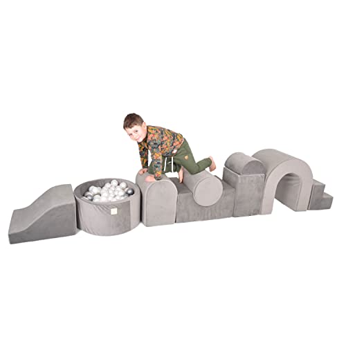 MISIOO Spielplatz Indoor - Hindernisläufen - Baby Spielzeug - Schaumstoff Bausteine Kinder - Anpassbar Set (9 Elemente + 150 Bälle für Bällebad) - Öko-Tex - Grau